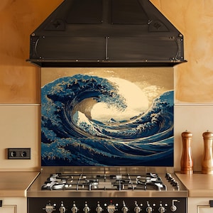 Ocean Wave  Glass Backsplash, Tempered Glass Backsplash for Kitchen, Kitchen Backsplash Behind Stove, Rustic Stove Backsplash, Splashback