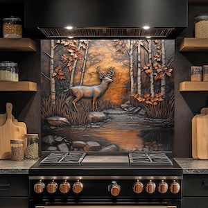 Deer Autumn Stream Tempered Glass Backsplash, Rustic Kitchen Backsplash Behind Stove, Copper Look Glass Backsplash with Nature Scene