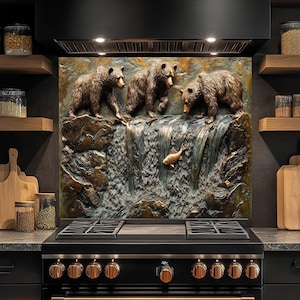 Fishing Bears Tempered Glass Backsplash, Rustic Kitchen Backsplash, Copper Look Glass Backsplash with Waterfall Scene, Stove Backsplash