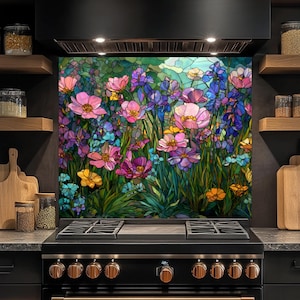 Wildflower Garden Tempered Glass Backsplash, Stained Glass Look Backsplash, Kitchen Backsplash Behind Stove,  Easy to Clean Stove Splashback