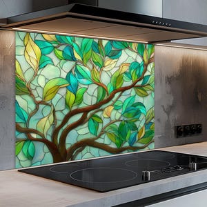 Tree Branch Tempered Glass Kitchen Backsplash: Botanical Nature Art