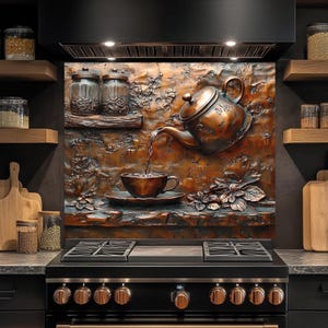 Backsplash van gehard glas, theepot en koffie backsplash keuken achter fornuis, backsplash in koperlook glas voor keuken, backsplash fornuis