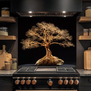 Tempered Glass Backsplash, Golden Tree of Life Glass Backsplash, Kitchen Glass Backsplash, Kitchen Backsplash Behind Stove, Glass Splashback