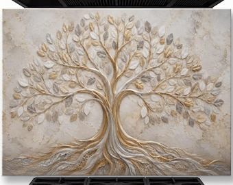May include: A rectangular kitchen backsplash panel featuring a raised, textured relief of a tree with sprawling roots and branches. The design uses a palette of metallic gold, silver, and cream tones against a marbled, beige-colored background.