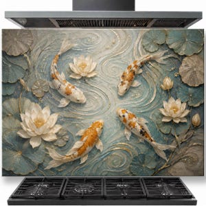 Golden Koi Pond Tempered Glass Backsplash, Kitchen Backsplash Behind Stove