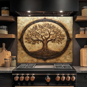 Protector contra salpicaduras de vidrio templado para cocina, protector contra salpicaduras de vidrio con diseño de árbol de la vida, protector contra salpicaduras de cocina detrás de la estufa, protector contra salpicaduras rústico para estufa, protector contra salpicaduras