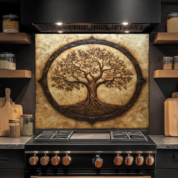 Tempered Glass Backsplash for Kitchen, Tree of Life Glass Backsplash, Kitchen Backsplash Behind Stove, Rustic Stove Backsplash, Splashback