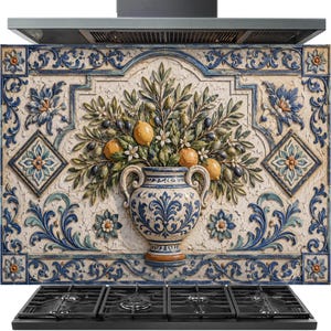 Könnte beinhalten: Eine rechteckige dekorative Wandplatte mit einem Relief eines zweihenkligen Gefäßes, das mit Zitronen und Olivenzweigen gefüllt ist. Das Design zeigt filigrane blau-weiße florale Ornamente, geometrische Muster und einen strukturierten cremefarbenen Hintergrund.
