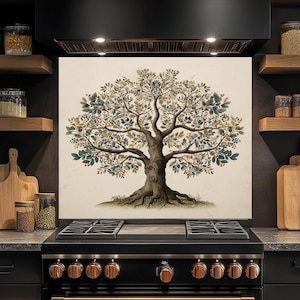 Tempered Glass Backsplash, Tree of Life Glass Backsplash, Botanical Look Kitchen Backsplash, Heat Resistant Backsplash, Stove Splashback
