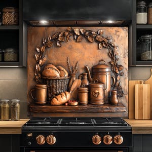 Puede incluir: Un panel de salpicadero de cocina en tono cobre con una escultura en relieve de una cesta tejida llena de pan, una tetera, botes y una cuchara de madera, enmarcado por un arco decorativo de hojas y espigas de trigo esculpidas.