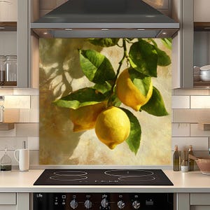 Lemon Branch Tempered Glass Backsplash, Kitchen Backsplash Behind Stove, Easy to Clean Glass Backsplash, Heat Resistant Stove Backsplash