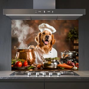 Protector contra salpicaduras de vidrio templado con diseño de Golden Retriever Chef, decoración de cocina para amantes de los perros, protector contra salpicaduras de animales adorables, protector contra salpicaduras de vidrio templado para estufa