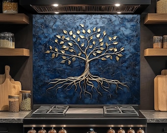 Tree of Life Glass Backsplash, Tempered Glass Backsplash for Kitchen, Kitchen Backsplash Behind Stove, Rustic Stove Backsplash, Splashback