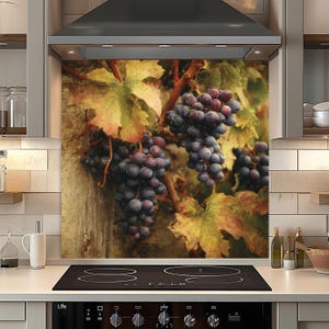 Grapes Vine Tempered Glass Backsplash, Kitchen Backsplash Behind Stove, Heat Resistant Glass Backsplash, Easy to Clean Stove Backsplash