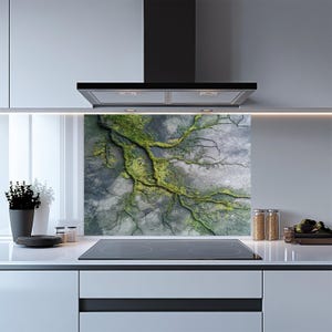 Moss & Stone Web Tempered Glass Backsplash, Green and Gray Glass Backsplash, Kitchen Backsplash Behind Stove, Glass Backsplash for Kitchen