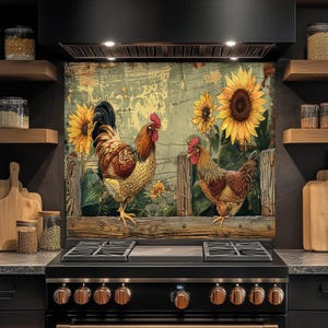 Rooster and Sunflower Glass Backsplash, Tempered Glass Backsplash, Rustic Backsplash, Kitchen Backsplash Behind Stove, Stove Splashback