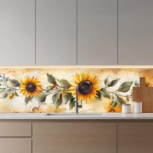 Painel de vidro temperado para cozinha, com estampa floral de girassol, estilo rústico campestre, resistente ao calor e ideal para proteger o fogão da pia.