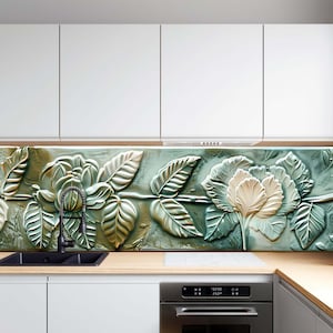 Tempered Glass Backsplash for Kitchen, Embossed Floral Tile Look Design Backsplash, Green Glass Panel, Heat Resistant Stove Splashback