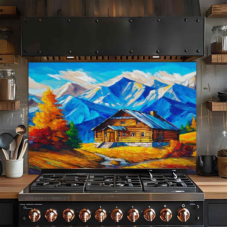Tempered Glass Backsplash, Mountain Cabin View Glass Backsplash ...
