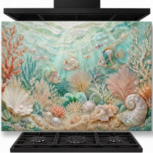 May include: A rectangular kitchen backsplash panel featuring a detailed underwater scene with iridescent seashells, coral formations, and tropical fish. The artwork displays a light blue and teal ocean floor with white pearls and textured sea life.