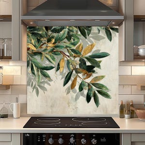 Tempered Glass Backsplash for Kitchen, Golden Olive Branch Glass Backsplash Behind Stove, Easy to Clean Kitchen Backsplash, Stove Splashback