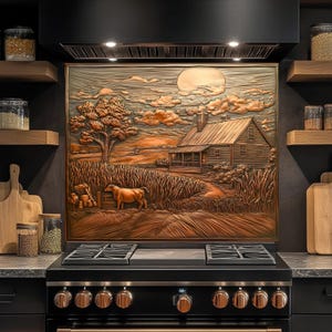 Paraschizzi in vetro temperato stile fattoria, paraschizzi in vetro con scena di campagna, paraschizzi rustico per cucina dietro la stufa, paraschizzi per stufa, paraschizzi