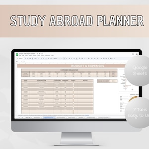 Pode incluir: Uma tela de computador mostrando uma planilha do Google Sheets intitulada "Study Abroad Planner". A planilha tem uma guia chamada "Budget & Expenses" e inclui uma tabela com colunas para data, descrição, categoria, valor, pago, notas e pagamentos pendentes. A tela também mostra um gráfico de pizza e um gráfico de barras. A imagem inclui o texto "Google Sheets" e "7 Tabs Easy to Use".