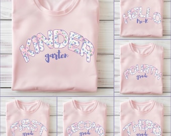 Floral Back to School PNG Bundle, Pre-K to 4th Grade Flower Letter Designs, Digital Design for Girls' T-Shirts & More, First Day of School