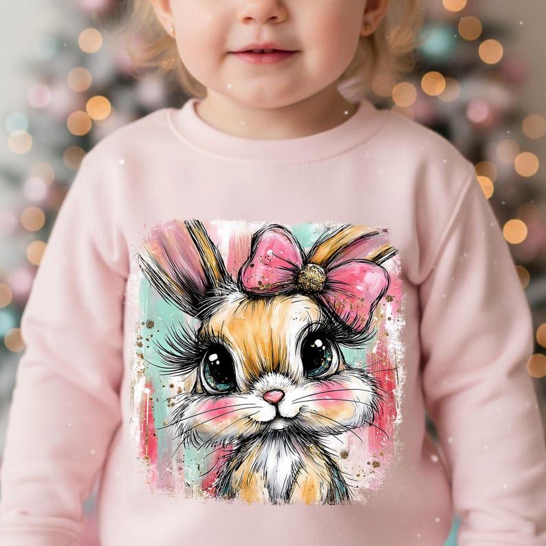 May include: A light pink sweatshirt featuring a cartoon bunny with a pink bow. The bunny has large eyes, long eyelashes, and a colorful design with pink, gold, and teal accents. The sweatshirt is for children.