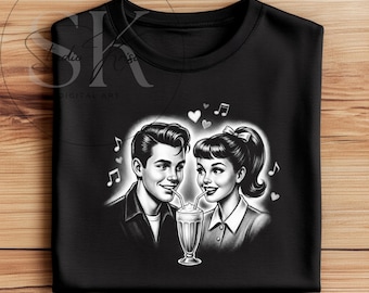 Retro Valentine's Day Sublimation Design Vintage Couple Milkshake Date Grayscale PNG Dark Shirt 50s Rockabilly