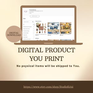 Pu&ograve; includere: Annuncio di prodotti digitali con un laptop che mostra un negozio Etsy. Il testo recita "PRODOTTO DIGITALE DA STAMPARE" con un'etichetta "DOWNLOAD DIGITALE". Il negozio offre articoli digitali come diari e clip art.