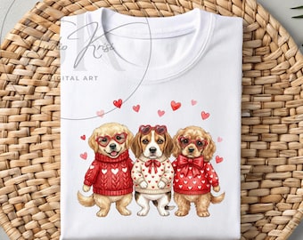 Valentine Day Puppy Sublimation Design Dog Trio with Heart Glasses and Knitted Sweaters SquadGoals Shirt PNG
