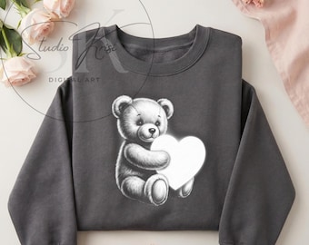Teddy Bear Valentine's Day Sublimation Design Heart Love Grayscale PNG Dark Shirt Sketch