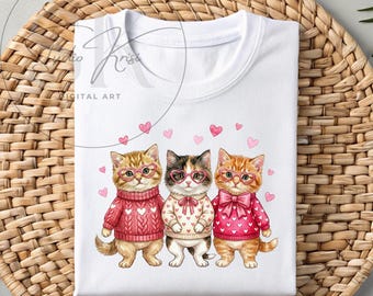 Valentine Day Cat Sublimation Design Trio Kittens Heart Glasses Squad Goals Shirt PNG