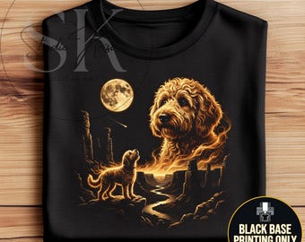 Labradoodle Howling Moon PNG | 90s Vintage Golden Canyon Art | Retro Dog Shirt Design for Black Base | Digital Graphic for DTF Transfers