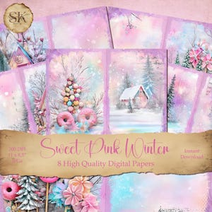 Pagine di diario spazzatura invernale rosa dolce, carta digitale, diario spazzatura digitale, collage, kit per scrapbooking, creazione di biglietti, diario, album