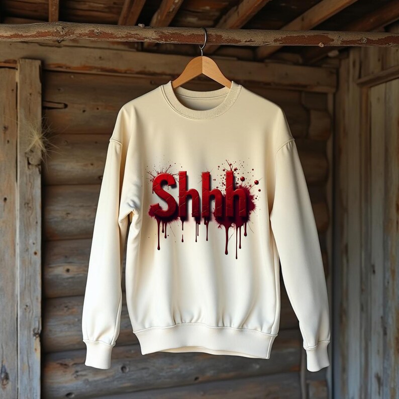 Pu&ograve; includere: Felpa color crema con la scritta "Shhh" in rosso, con effetti a goccia simili a sangue. La felpa &egrave; appesa a una gruccia di legno su uno sfondo di legno rustico.