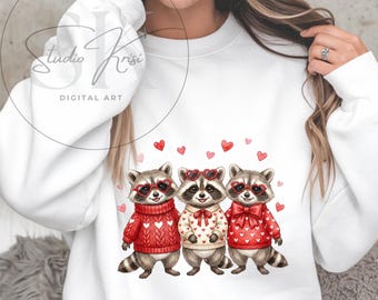 Funny Raccoon Valentine Sublimation Design, Trash Panda Trio Squad with Heart Glasses and Knitted Sweaters Shirt PNG
