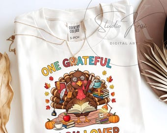 One Grateful Book Lover Turkey PNG Sublimation Design, Thanksgiving Reading Teacher Gift Clipart, Cozy Autumn Bookworm Digital Download