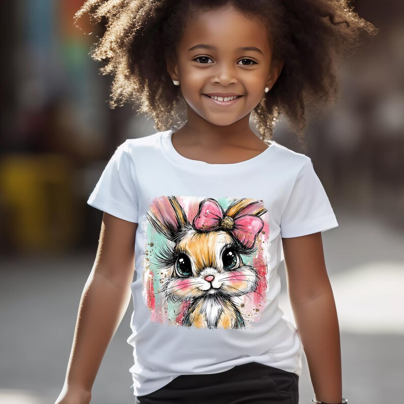 May include: White t-shirt featuring a colorful illustration of a bunny with a pink bow. The bunny has large eyes and long eyelashes. The background has a watercolor effect with pink, blue, and yellow hues. The t-shirt is worn by a young person.