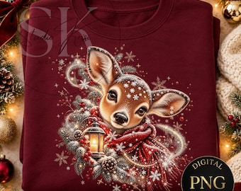 Christmas Deer PNG, Vintage Fawn with Red Scarf, Winter Woodland Animal Clipart, Holiday Sublimation Design, Digital Download, DTF DTG Ready