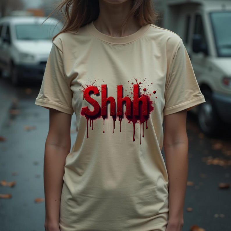 Pu&ograve; includere: Una maglietta beige con la parola "Shhh" in rosso, con un design a gocce di sangue. Il testo ha un effetto 3D e la maglietta &egrave; a maniche corte. Il tema generale &egrave; l'horror o Halloween.