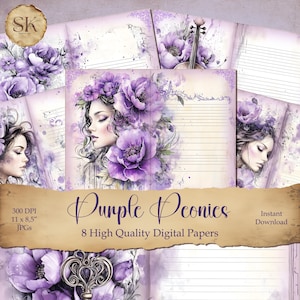 Pages de journal indésirable pivoines violettes, papier numérique, collage, kit de scrapbooking, fabrication de cartes, tenue de journal, belle femme et pivoine violette