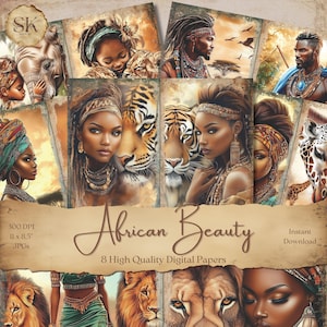 May include: A digital paper pack featuring eight high-quality images with an African theme. The images include portraits of Black women with intricate hairstyles and jewellery, along with images of tigers, lions, and giraffes. The text "African Beauty" is displayed on a vintage-style parchment background.