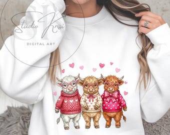 Highland Cow Valentine Day Sublimation Design Funny Baby Animal Trio Squad Goals PNG for Shirt Farmhouse Heifer Kids Gift Digital Download