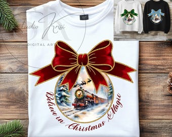 Believe in Christmas Magic Train PNG File | Holiday Train Ornament Sublimation Design | Red Green Blue Bow Polar Express Digital Download
