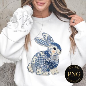 Blue Patchwork Bunny Clipart | Chinoiserie Toile de Jouy & Gingham | Spring Easter Sublimation PNG