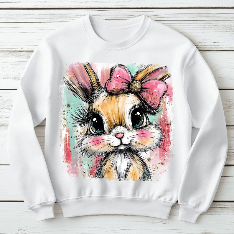 May include: White crewneck sweatshirt featuring a colorful illustration of a bunny with a pink bow. The bunny has large eyes, long eyelashes, and pink cheeks. The background has vertical stripes in pink, teal, and gold.