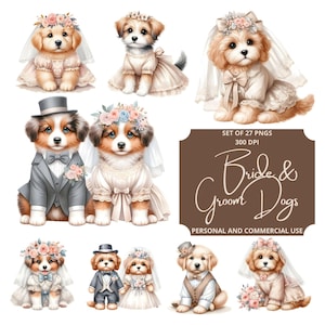 May include: A collection of watercolor illustrations featuring dogs dressed in wedding attire. The dogs are depicted as a bride and groom, wearing dresses, veils, suits, and bow ties. The image includes the text "Bride & Groom Dogs".