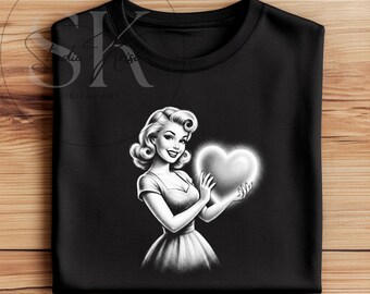 Retro Valentine Pin Up Girl Sublimation Design Vintage Heart Housewife Grayscale PNG Dark Shirt